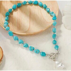 Baroque Pearl Charm Turquoise Howlite Nugget Toggle Necklace